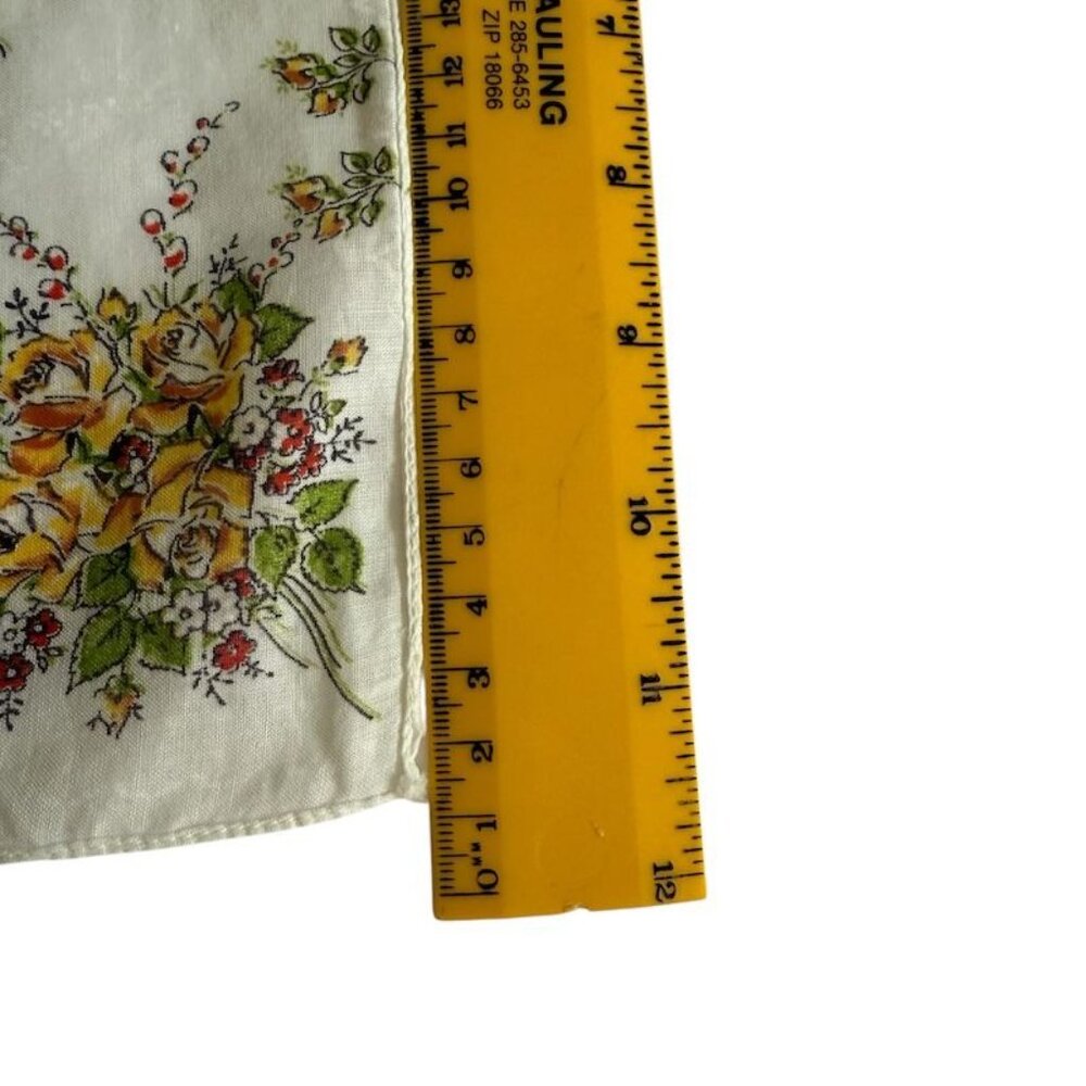 Vintage Womens Floral Handkerchief Yellow Roses  Delicate Green Accents Cotton B - Picture 9 of 10